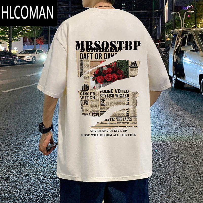 HLCOMAN龙马潮流短袖t恤男休闲圆领体恤衫玫瑰印花夏季薄款透气上衣