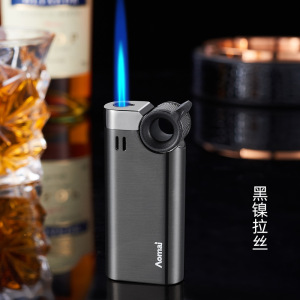 奥麦创意摇臂打火机防风直冲蓝色火焰金属拉丝充气高颜值商务送礼