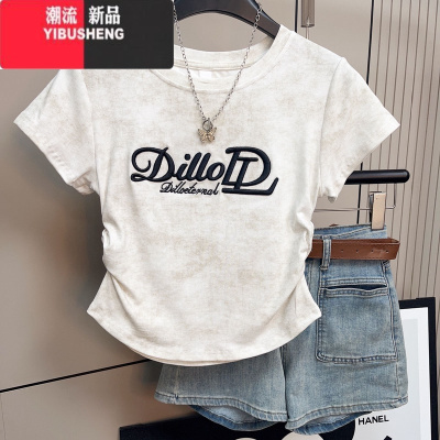 YIBUSHENG美式字母刺绣短袖T恤衫女2024季扎染设计收腰别致独特短款上衣