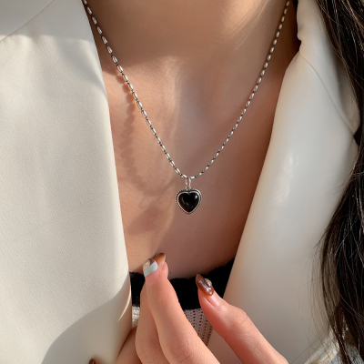 s925纯银黑玛瑙爱心项链女轻奢小众复古个性高级设计感锁骨链送女朋友老婆情人节七夕生日礼物
