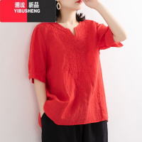 YIBUSHENGv领季新款棉麻衬衫女宽松套头刺绣短袖t恤女绣花上衣薄款