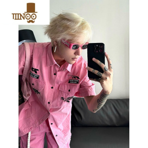 YANXU粉色牛仔衬衫短袖潮牌痞帅炸街廓形衬衣男款夏季美式工装t恤外套