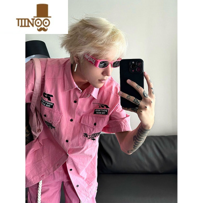 YANXU粉色牛仔衬衫短袖潮牌痞帅炸街廓形衬衣男款夏季美式工装t恤外套