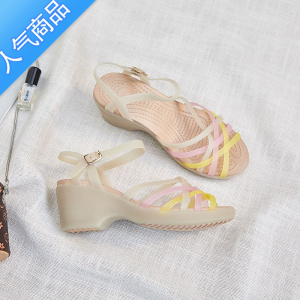 SUNTEK夏季坡跟中年妈妈凉鞋女塑料果冻鞋防滑海边沙滩鞋洞洞女鱼嘴凉鞋