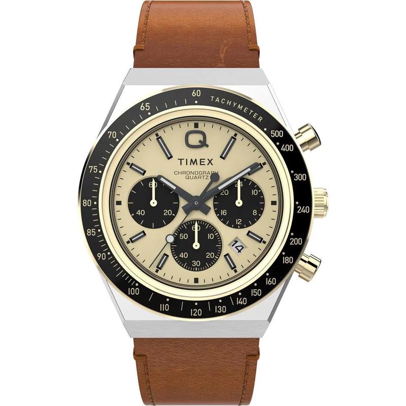 Timex/天美时石英计时码表复古赛车风格防刮金 tone 表盘真皮表带