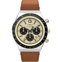 Timex/天美时石英计时码表复古赛车风格防刮金 tone 表盘真皮表带