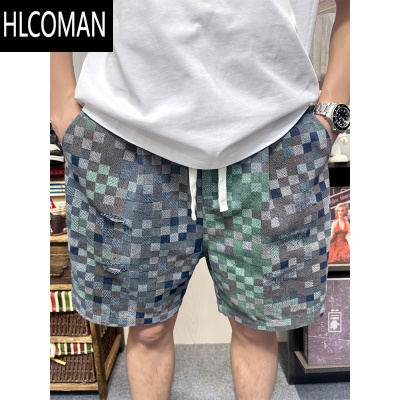 HLCOMAN美式休闲复古马赛克破洞牛仔短裤男2025夏季新款宽松潮流痞帅短裤