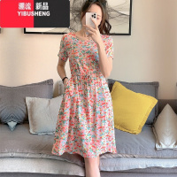 YIBUSHENG碎花棉绸连衣裙短袖新款清凉绵绸系带收腰藏肚口袋人造棉中长裙