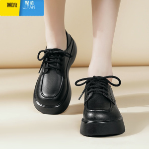聚范全厚底小皮鞋女黑色英伦风系带加绒女单鞋乐福鞋软底