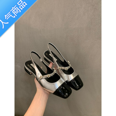 SUNTEK法式低跟小香风包头凉鞋女鞋子2023年新款夏季方头银色玛丽珍单鞋