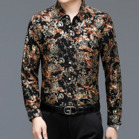 新款男士长袖衬衫秋季时尚休闲短花衬衣碎花免烫男装潮流衬衣