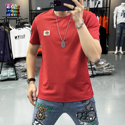 夏季短袖T恤男士抖音货源龙年简约时尚刺绣圆领半袖丝光棉上衣潮i