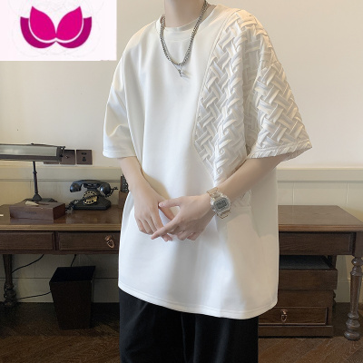 七斓日系痞帅短袖t恤男夏季设计感立体拼接半袖上衣ins潮牌宽松五分袖