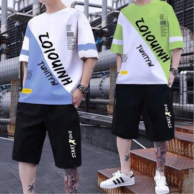 夏季休闲套装男学生韩版潮流帅气青少年运动短袖T恤短裤一套衣服衫伊格(shanyige)