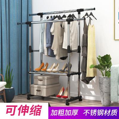 不锈钢晾衣架落地卧室折叠室内双杆式晾衣杆阳台伸缩单杆式衣架子