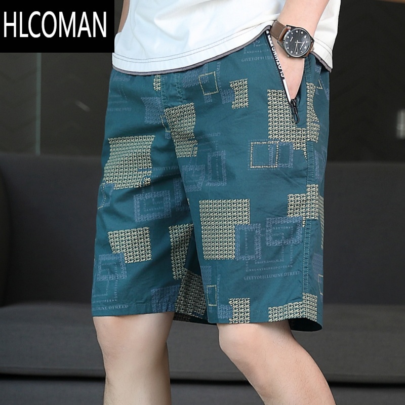 HLCOMAN夏季绿色印花5分沙滩短裤男士ins潮流潮牌宽松外穿休闲五分裤