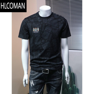 HLCOMAN短袖t恤男夏季新款男士满身卡通印花刺绣修身半袖棉t汗衫上衣