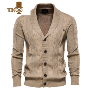 YANXU针织开衫毛衣男外套青果领棉线麻花V领男款针织衫潮复古