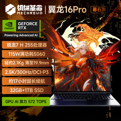 机械革命(MECHREVO)翼龙16pro 2025款 16英寸旗舰游戏本 强芯学生设计笔记本电脑锐龙版Ryzen 7 H 255/RTX5060 32G 1T 2.5K 灰