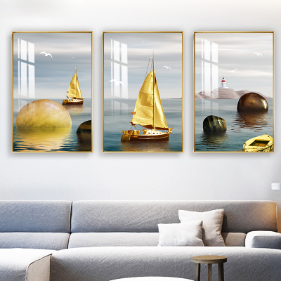 新房装饰画客厅装饰画简约沙发背景墙轻奢三联画免打孔挂梦想远航50*70适合2.3-2.8米沙发-金色边框优质油画布