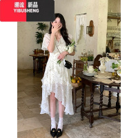 YIBUSHENG法式纯欲碎花连衣裙子女收腰气质设计感小众不规则荷叶边长裙季