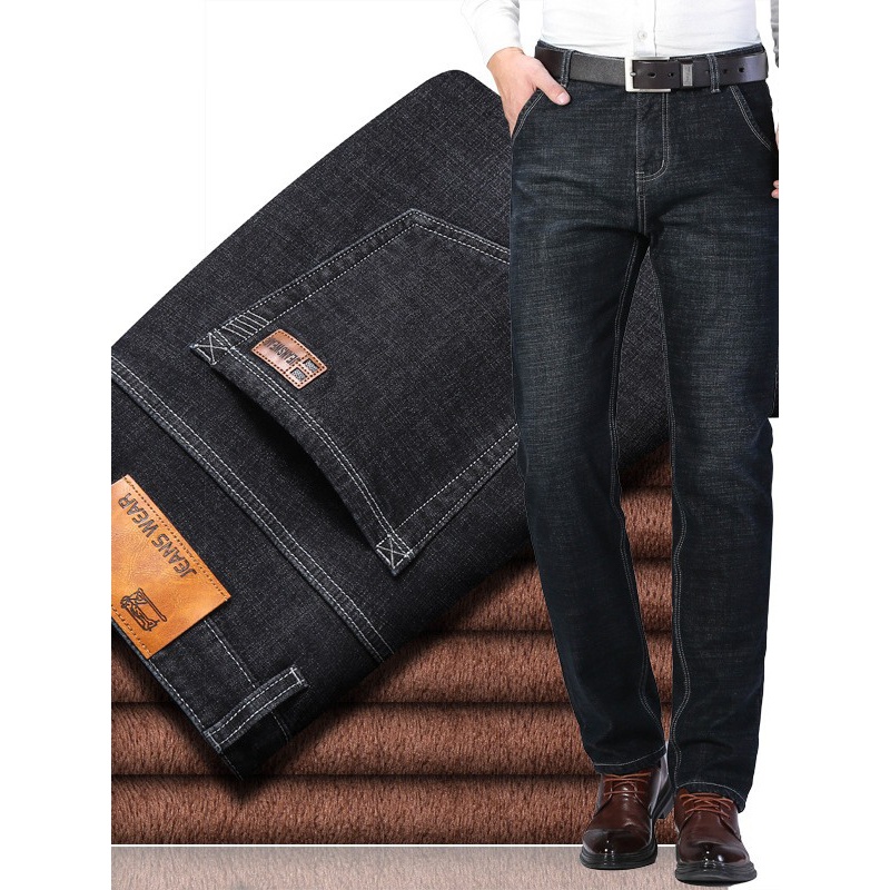 黑色牛仔裤加绒品质春秋款舒适御寒中年商务直筒裤弹力舒适休闲裤
