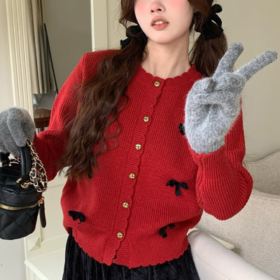 法式洋气小众气质圆领蝴蝶结上衣宽松百搭慵懒风针织毛衣外套女装