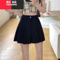YIBUSHENG黑色百褶西装短裙裤女季松紧腰阔腿休闲裤宽松显瘦百搭a字裤子