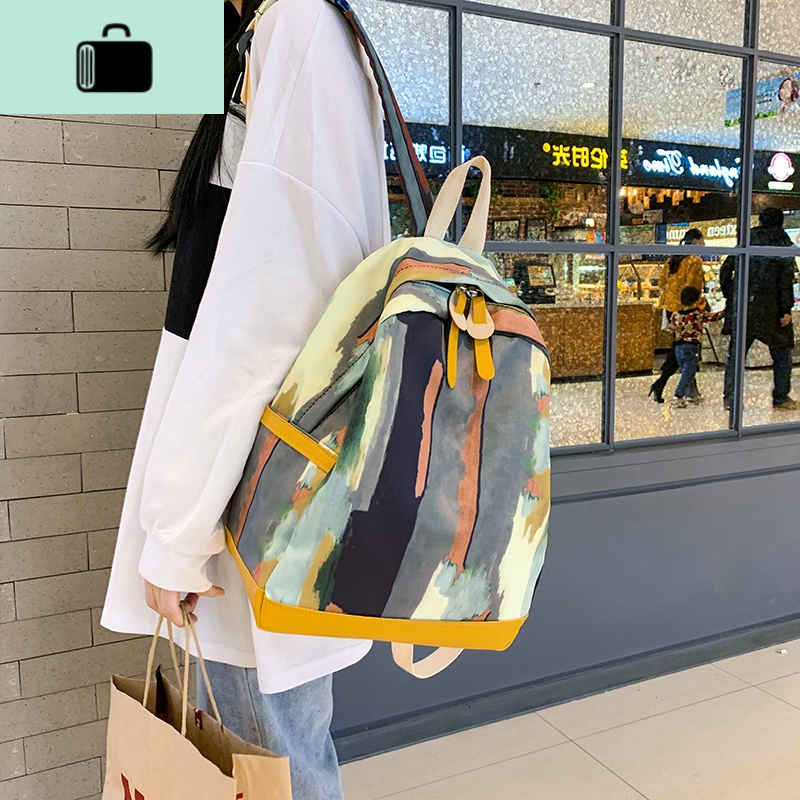 网红书包霸气女学生森系涂鸦迷彩双肩包女2020新款耐脏高中生背包NEW LAKE