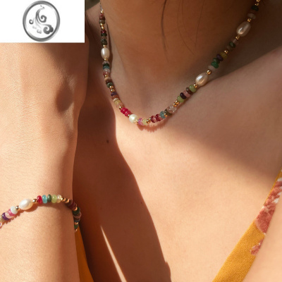 JiMi淡水珍珠春夏新款石彩色串珠石头项链小众个性复古叠戴锁骨链