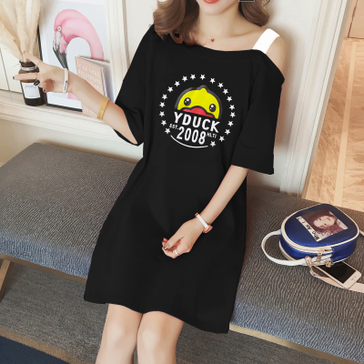小性感睡裙女夏季短袖韩版可爱学生大码宽松中裙露肩睡衣可外穿诺妮梦