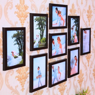 现代客厅照片墙装饰免打孔相框墙古达7寸九宫格卧室创意相片组合挂墙全7寸红木色