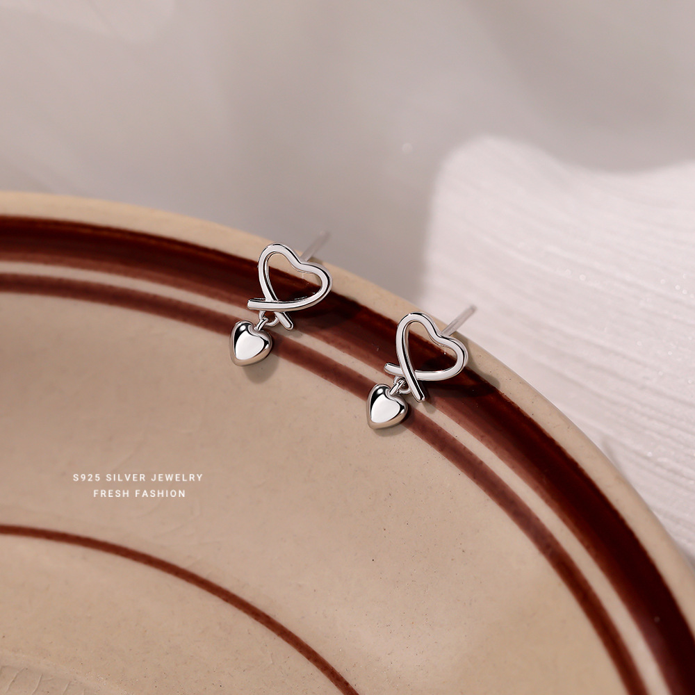 s925纯银爱心耳钉女甜美百搭仙女风镂空心形耳饰学生气质饰品批发送女朋友老婆情人节七夕生日礼物