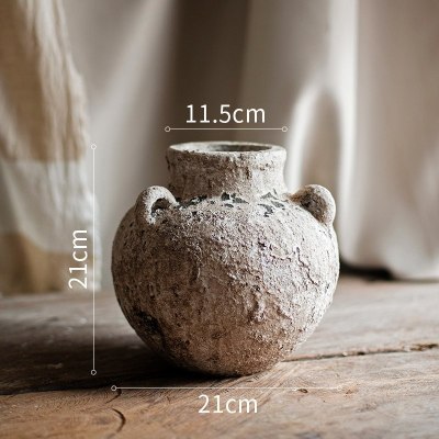美帮汇陶艺干花花盆花瓶 手工粗陶复古插花禅意装饰品多肉花器 三耳粗陶瓶(矮款)