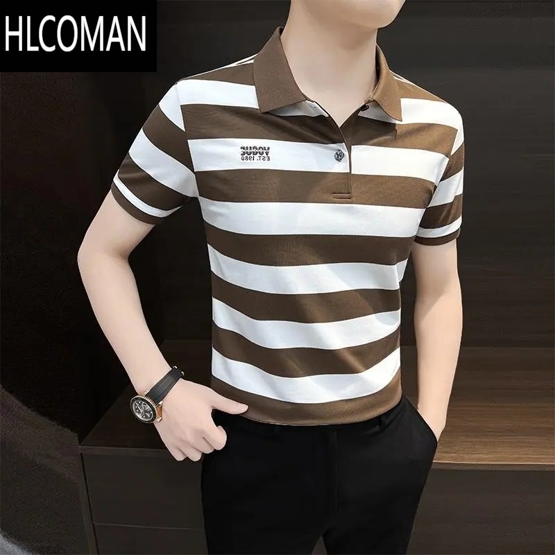 HLCOMAN条纹短袖衫男士夏季时尚2024新款高级感痞帅刺绣有领T恤男款