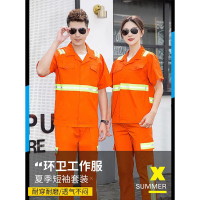 夏季短袖工作服套装+肩部前胸后背绿色拼接银色反光条+系扣设计