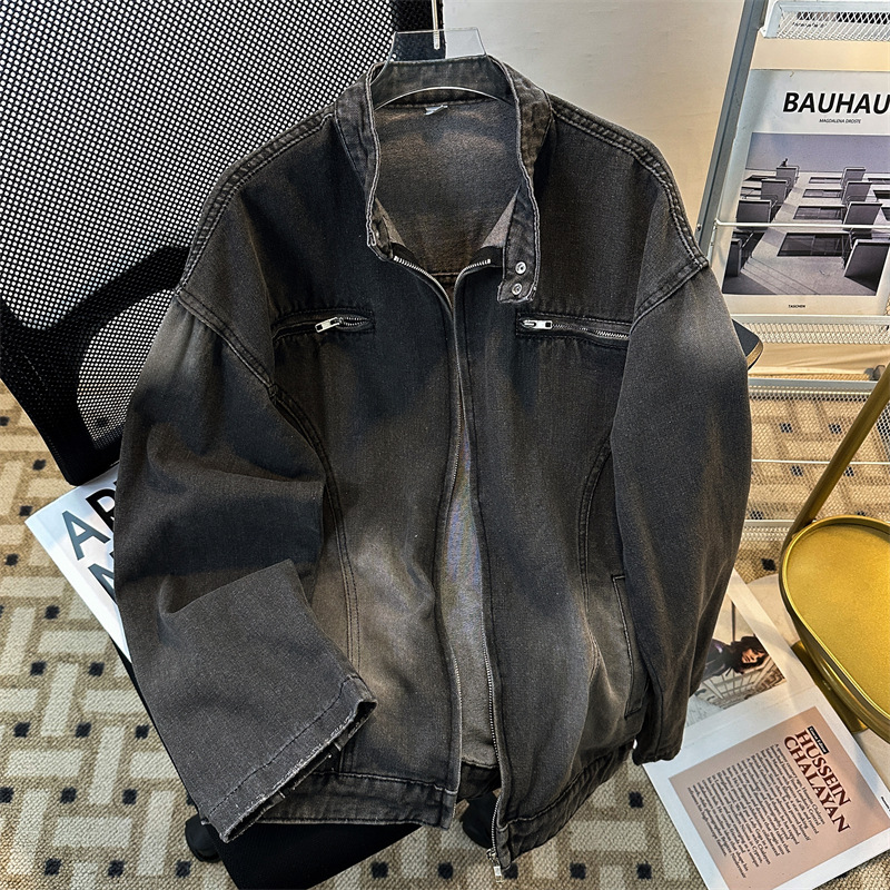 男装潮牌复古水洗拉链装饰美式小众机车牛仔夹克男春秋痞帅外套男