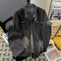 男装潮牌复古水洗拉链装饰美式小众机车牛仔夹克男春秋痞帅外套男