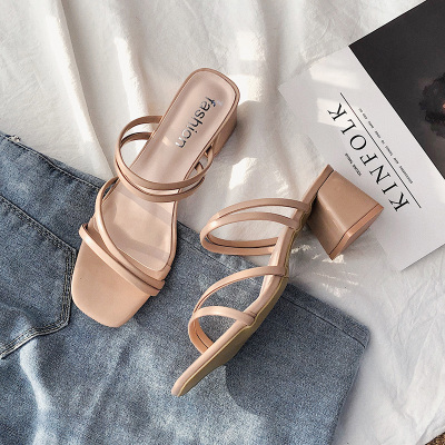 Ideamini仙女风一字带凉鞋女夏2021新款网红百搭中跟粗跟高跟半拖鞋ins潮