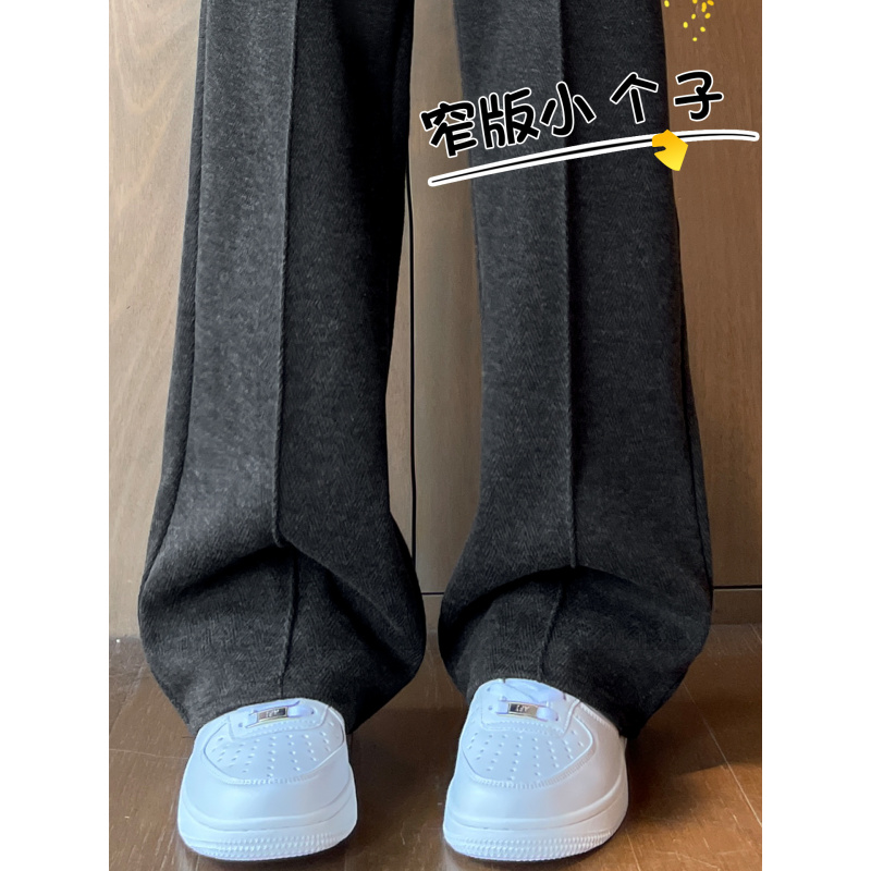 黑色人字纹毛呢阔腿裤女新款秋冬加绒羊毛裤小个子窄版直筒裤