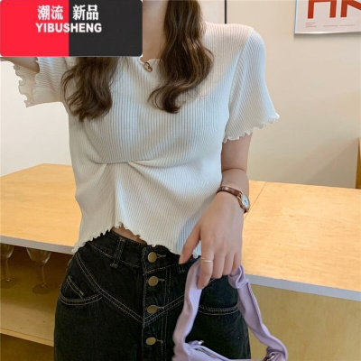 YIBUSHENG网红季2024年新款木耳边修身短袖T恤女短款潮洋气冰丝针织上衣