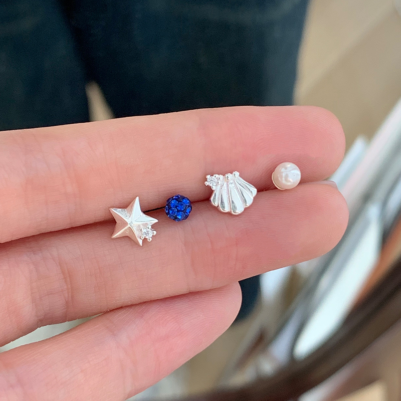 s925纯银贝壳五角星耳钉组合女小众设计感精致耳环珍珠耳饰潮