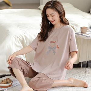 莫代尔睡衣女夏季短袖七分裤薄款家居服卡通宽松加大码家居服套装