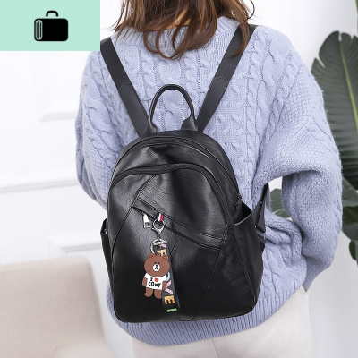 双肩包女小包2020新款韩版时尚小熊女包包学生软皮旅行小背包女NEW LAKE 黑色送小熊挂件