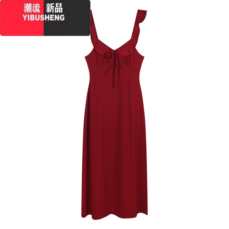 YIBUSHENG酒红色系带荷叶边吊带连衣裙女季纯欲风性感中长款收腰a字裙子