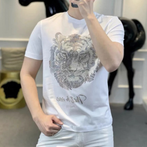 重工烫钻老虎头短袖T恤男士上衣时尚修身潮流半袖圆领打底衫潮ins