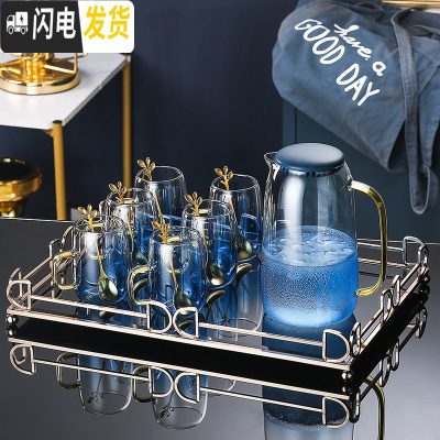 三维工匠欧式水壶大容量玻璃冷水壶可高温创意家用客厅凉水壶凉水杯子套装 1大壶+6杯子+1轻奢大托盘+配送6勺子[324]