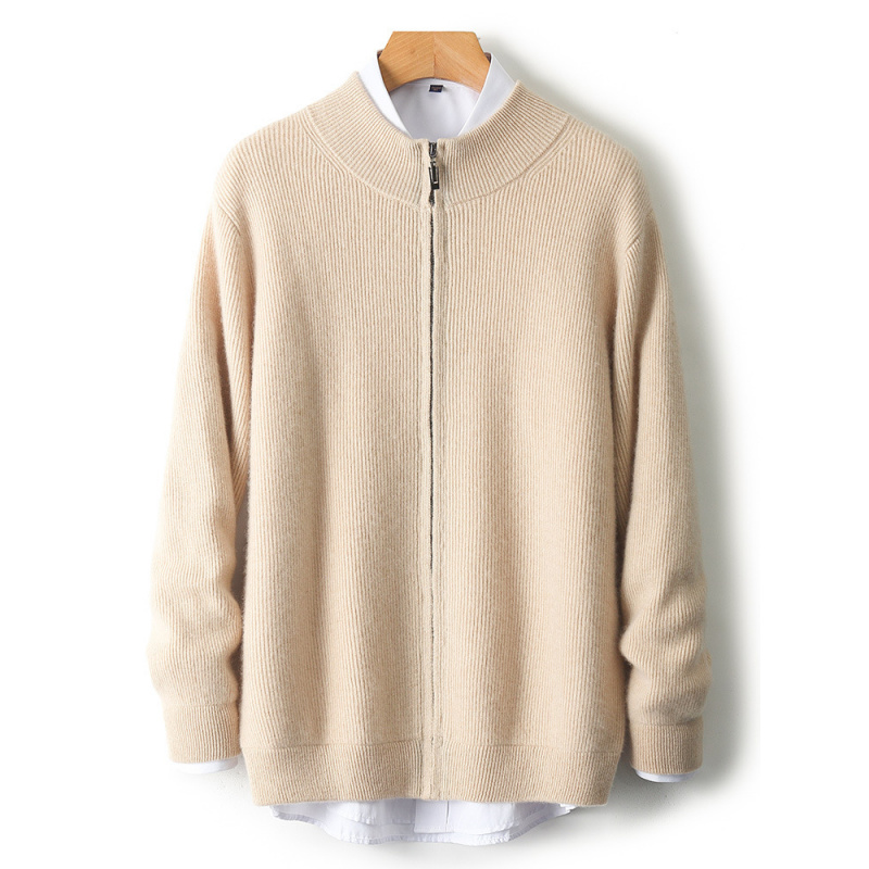 秋冬加厚都市简约100羊毛针织开衫毛衣半高领拉链男士宽松外套批