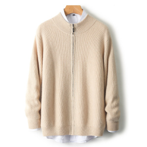 秋冬加厚都市简约100羊毛针织开衫毛衣半高领拉链男士宽松外套批