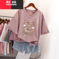YIBUSHENG国潮复古短袖t恤女大码宽松oversize上衣设计感小众V领上衣服